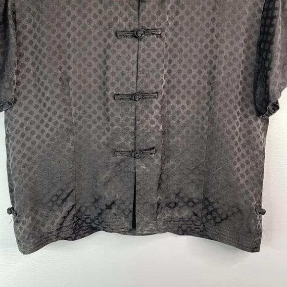 MANDERIN Style Silk Pattern Blouse Black Short Sleeve Toggle Knot Closure M - Picture 4 of 12